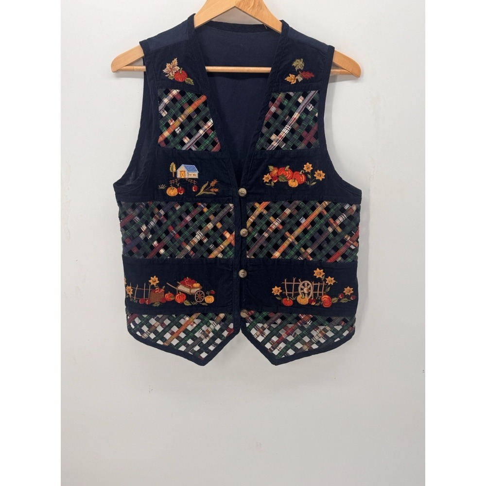 Vintage Casey & Max Blue Corduroy Lattice Embroidered Fall Vest. Pumpkins XL
